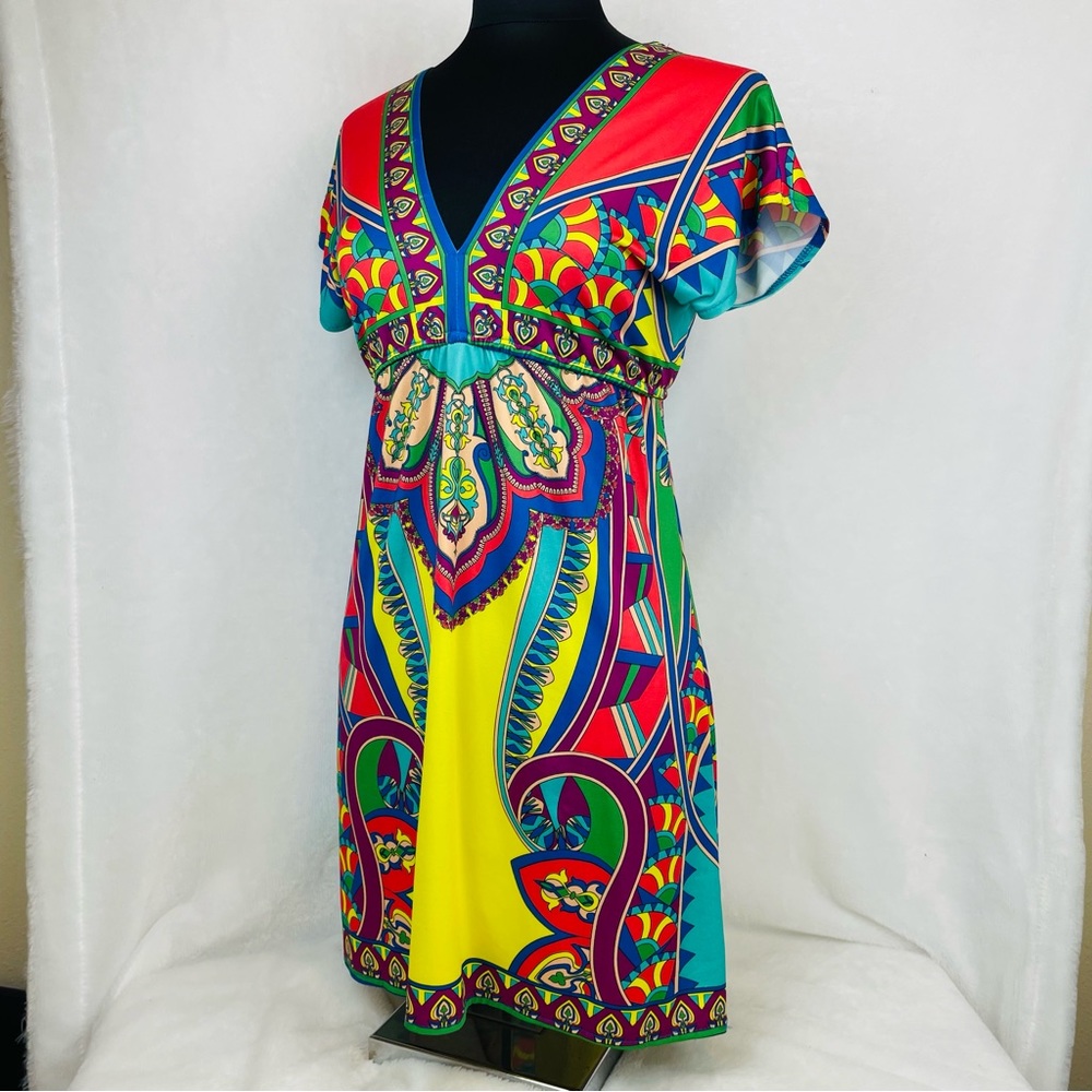 Yahada Tunic Top Women's Medium M Short Sleeve Boho Hippie Stretchy Knit Blouse